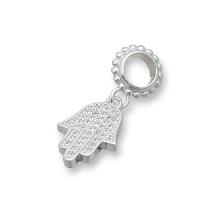 Anhänger Charms aus Silber 925 Großes Loch mit Zirkonen Hand der Fatima 4 Stück Rhodium
