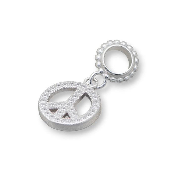Charm-Anhänger aus Silber 925 Großes Loch mit Zirkonen Frieden 5 Stk. Rhodium