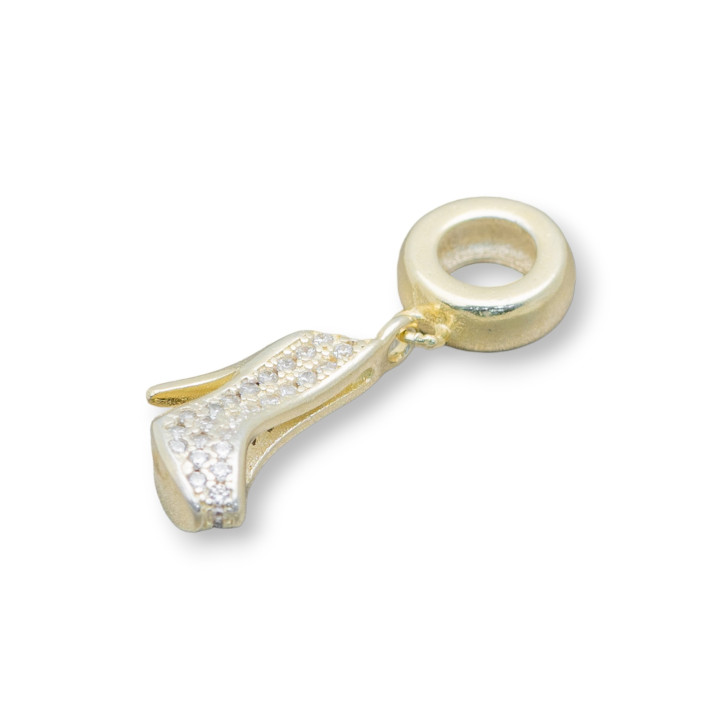 Pendenti Charms Di Argento 925 Foro Largo Con Zirconi Scarpette Di Cenerentola 3pz Dorato