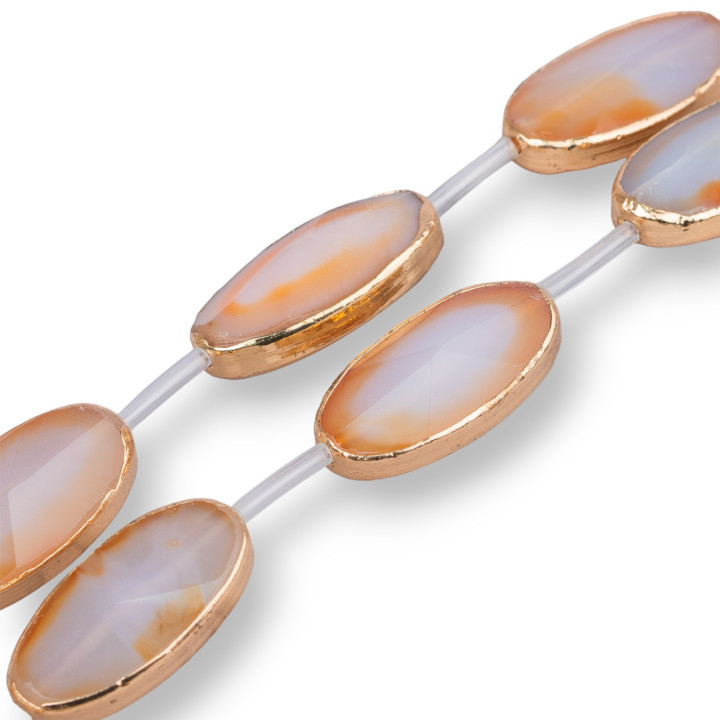 Strandperlen Schwarzer Achat Komponente Flach Oval Randig 20x40mm Golden 6St