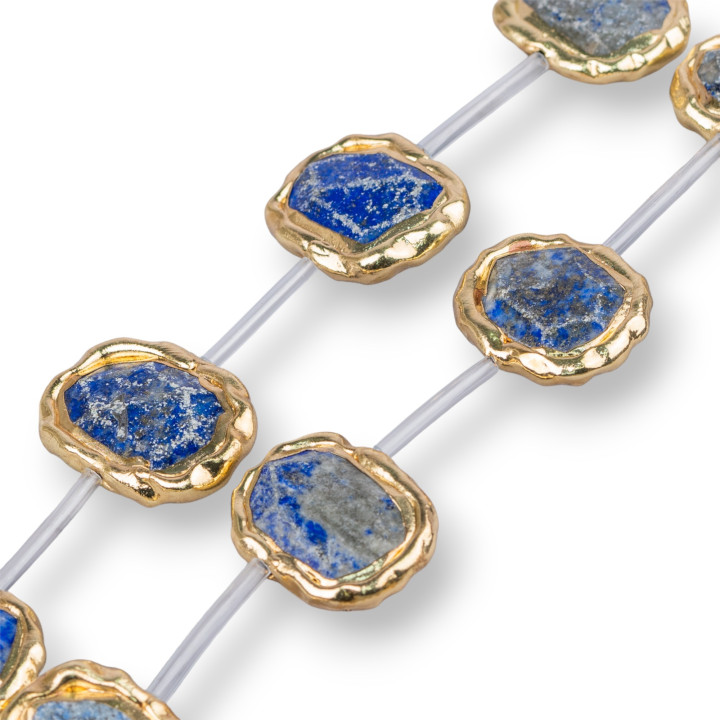 Lapislazuli-Strangperlen mit Goldrand, unregelmäßiger Stein, facettiert, flach, 18-28 mm, 9 Stk