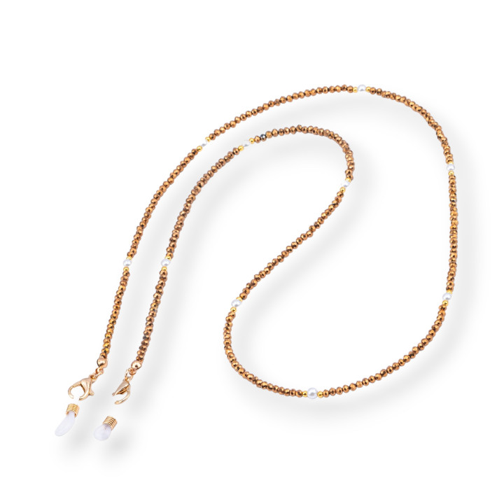 Glasses Chain with Non-Slip Silicone Rings, Crystals and Brass 2pcs Bronze