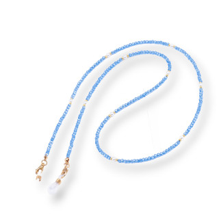 Catena Per Occhiali Con Anelli Di Silicone Antiscivolo Cristalli e Ottone 2pz Celeste
