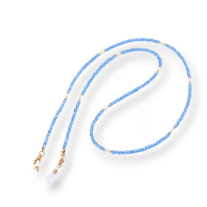 Catena Per Occhiali Con Anelli Di Silicone Antiscivolo Cristalli e Ottone 2pz Celeste