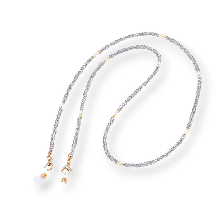 Glasses Chain with Non-Slip Silicone Rings, Crystals and Brass 2pcs Silver