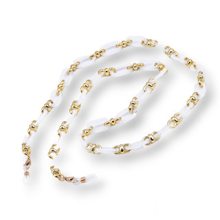 Brillenkette mit rutschfesten Silikonringen, breites Polycarbonat und goldenem Netz, 2 Stück, Weiß