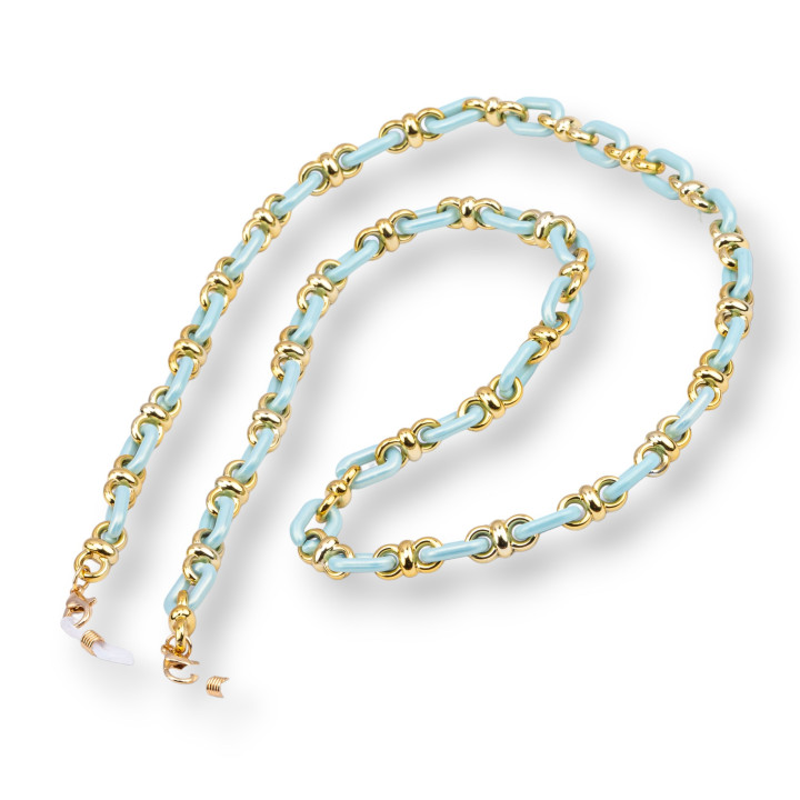 Chaîne à Lunettes Avec Anneaux Antidérapants en Silicone Polycarbonate Large et Maille Dorée 2pcs Bleu Clair