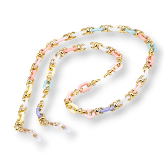 Brillenkette mit rutschfesten Silikonringen, breites Polycarbonat und goldenes Netz, 2 Stück, Pastellmischung