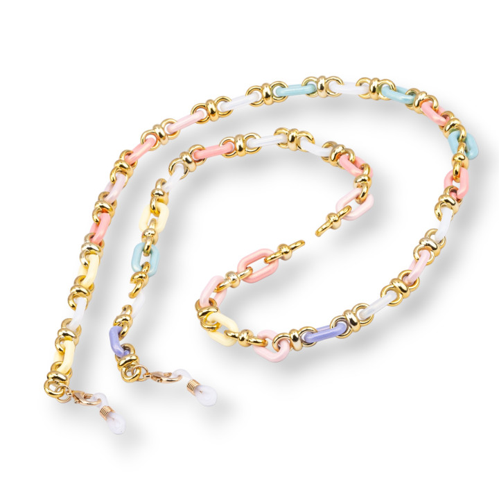 Brillenkette mit rutschfesten Silikonringen, breites Polycarbonat und goldenes Netz, 2 Stück, Pastellmischung