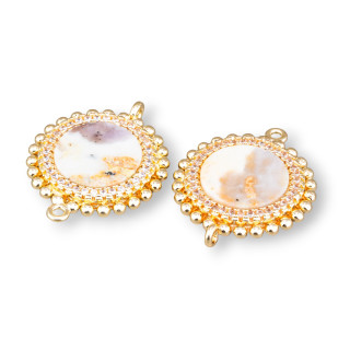 Conector de componente de latón con piedras naturales con 2 anillos y circonitas redondas 20 mm 6 piezas Ágata oceánica