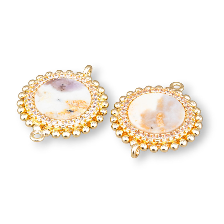 Conector de componente de latón con piedras naturales con 2 anillos y circonitas redondas 20 mm 6 piezas Ágata oceánica