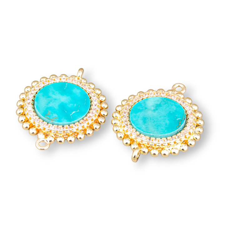 Conector De Componente De Latón Con Piedras Naturales Con 2 Anillos Y Circonitas Redondas 20 Mm 6 Piezas Turquesita