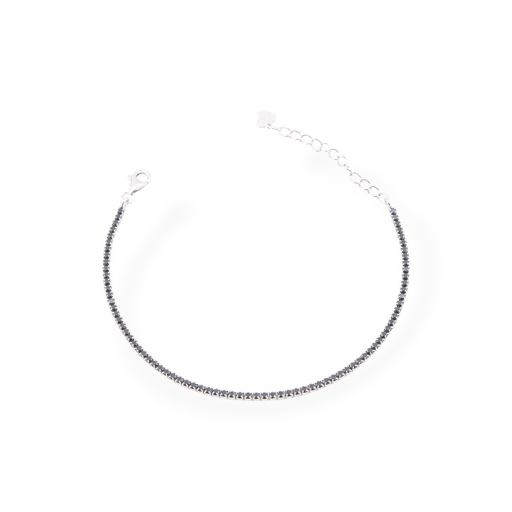925 Silver Tennis Bracelet With Zircons 02mm Rhodium Plated + Black With Carabiner Closure 1pc