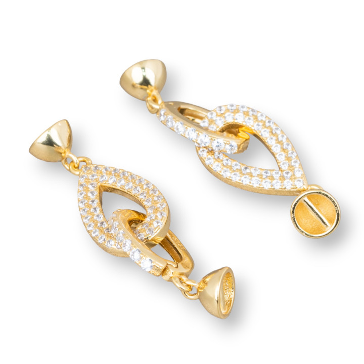 925 Silver Clasp With Zircons Drop 9x33mm With 5.5mm Cups 2pcs Golden