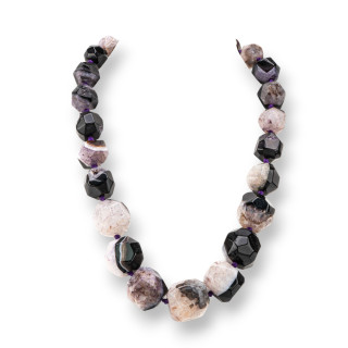 Knotted Semiprecious Stone Necklace With Brass Clasp Faceted Stone 14-30mm Necklace Length 50cm Black Agate Mixed White