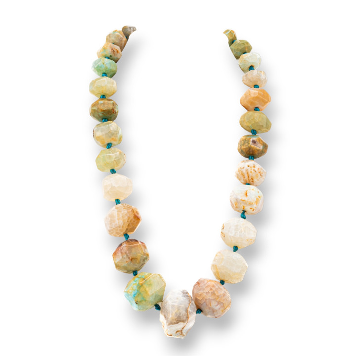 Collana Di Pietre Dure Annodate Con Chiusura Di Ottone Sasso Sfaccettato 14-30mm Lunghezza Collana 50cm Floreale