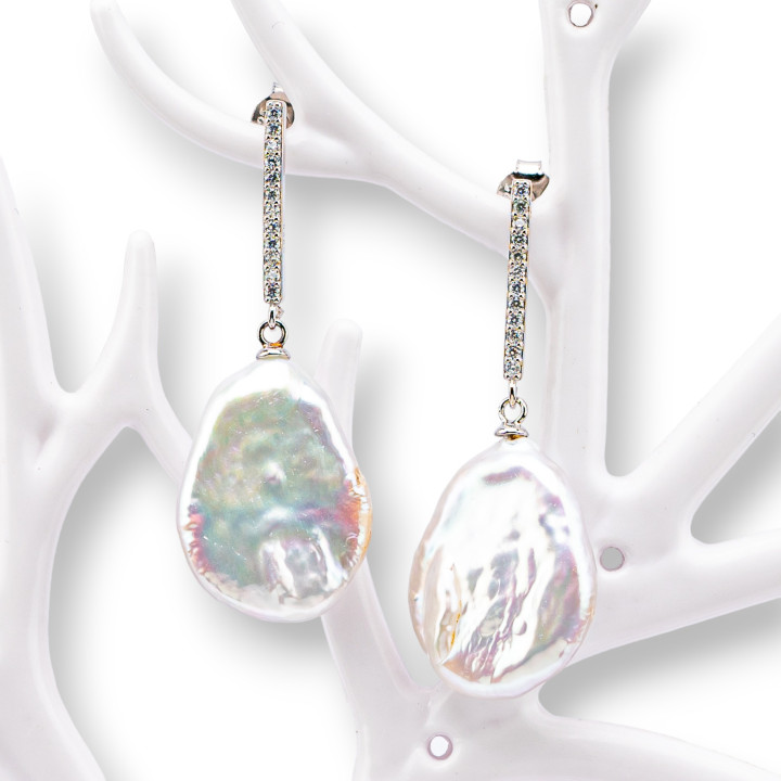 Stud Earrings With Zircons Of 925 Silver With River Pearls