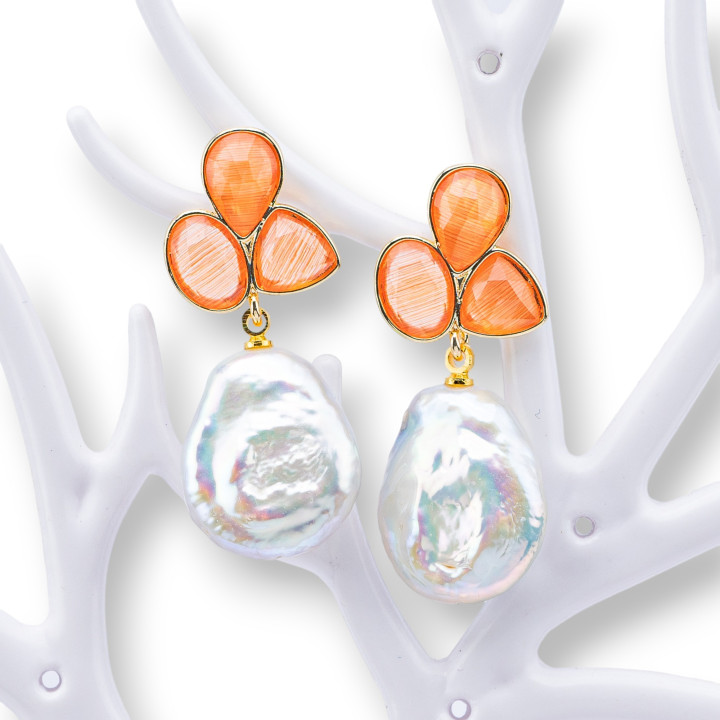 Pendientes de bronce con ojo de gato y colgante de perla de río barroca 18x40 mm Naranja