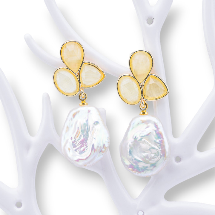 Bronze Stud Earrings with Cat's Eye and Baroque River Pearl Pendant 18x40mm Yellow
