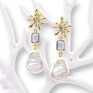 Χάλκινα σκουλαρίκια με καρφιά με Cat's Eye και Smokie Baroque River Pearl μενταγιόν