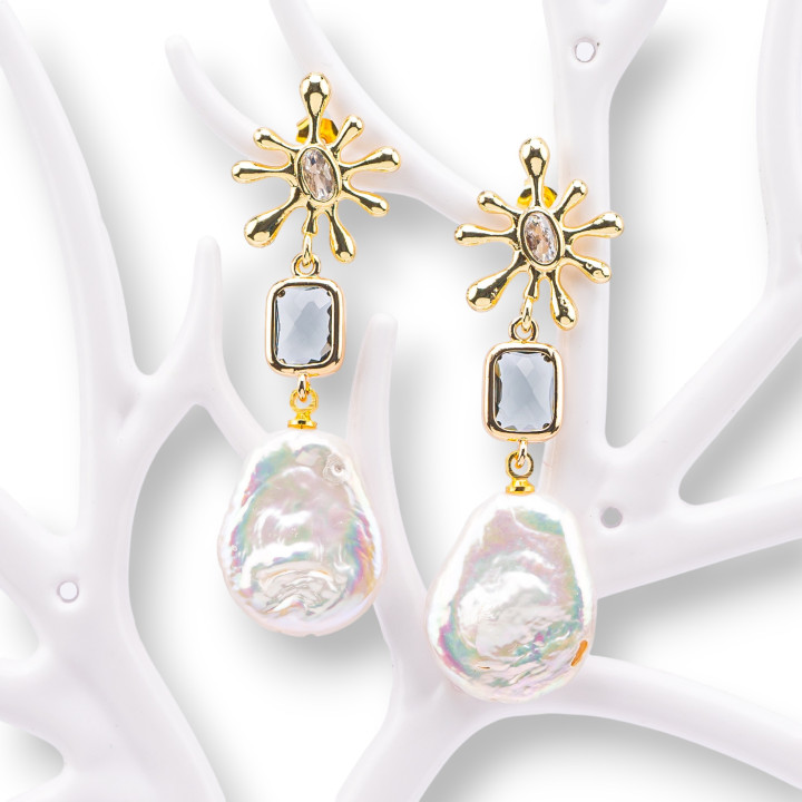 Χάλκινα σκουλαρίκια με καρφιά με Cat's Eye και Smokie Baroque River Pearl μενταγιόν