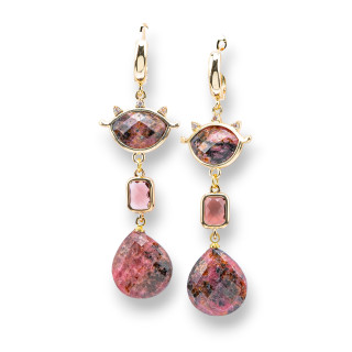 Boucles D'oreilles Puces Bronze Yeux De Chat Et Pierres Semi-précieuses 20x70mm Rhodonite