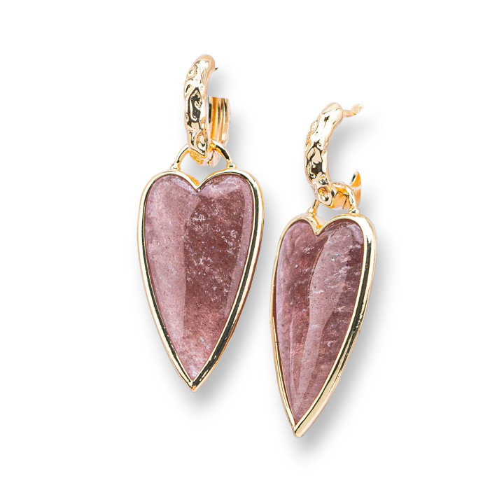 Boucles D'oreilles Clous Fermés Bronze Avec Pierre Semi-précieuse Cabochon 18x45mm Quartz Fraise