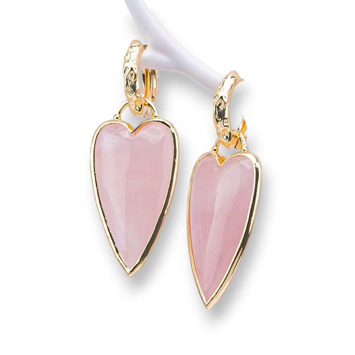 Boucles D'Oreilles Puces Fermées Bronze Avec Cabochon Pierre Semi-précieuse 18x45mm Quartz Rose