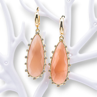 Boucles d'Oreilles Puces Fermées Bronze Avec Goutte de Pierres Semi-précieuses 18x56mm Pierre de Lune