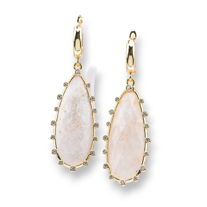 Bronze Closed Stud Earrings With Drop of Semi-precious Stones 18x56mm Quartz