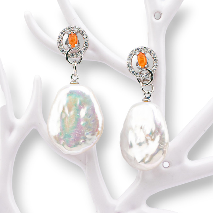 Orecchini Perno Di Argento 925 Con Zirconi E Perle Di Fiume 16x36mm Arancio