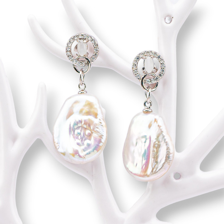 Boucles d'oreilles clous en argent 925 avec zircons et perles d'eau douce 16x36mm blanc