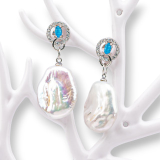 Pendientes de Plata 925 con Circonitas y Perlas de Agua Dulce 16x36mm Azul Claro