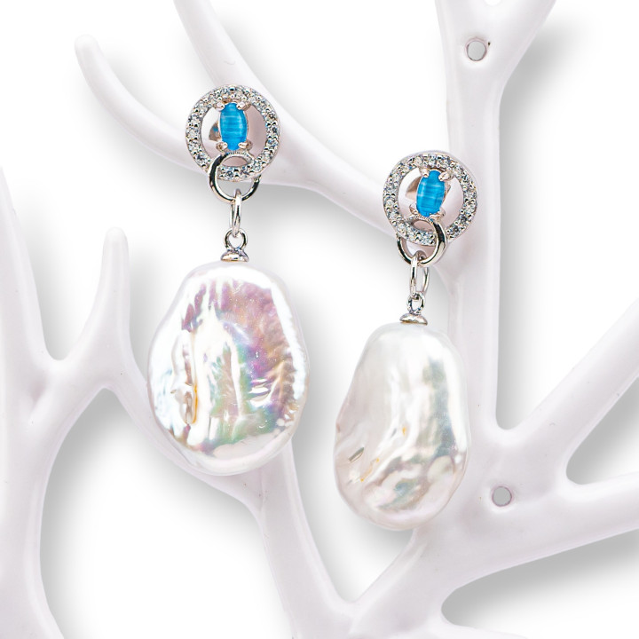 Orecchini Perno Di Argento 925 Con Zirconi E Perle Di Fiume 16x36mm Celeste
