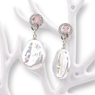 925 Silver Stud Earrings With Zircons And Freshwater Pearls 16x36mm Pink