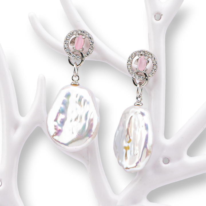 Boucles d'oreilles clous en argent 925 avec zircons et perles d'eau douce 16x36mm rose