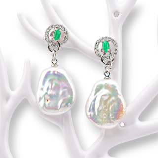 Pendientes de Plata 925 con Circonitas y Perlas de Agua Dulce 16x36mm Verde