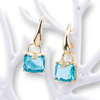 Bronze Stud Earrings With Cat's Eye With Zircons 14x37mm Aqua