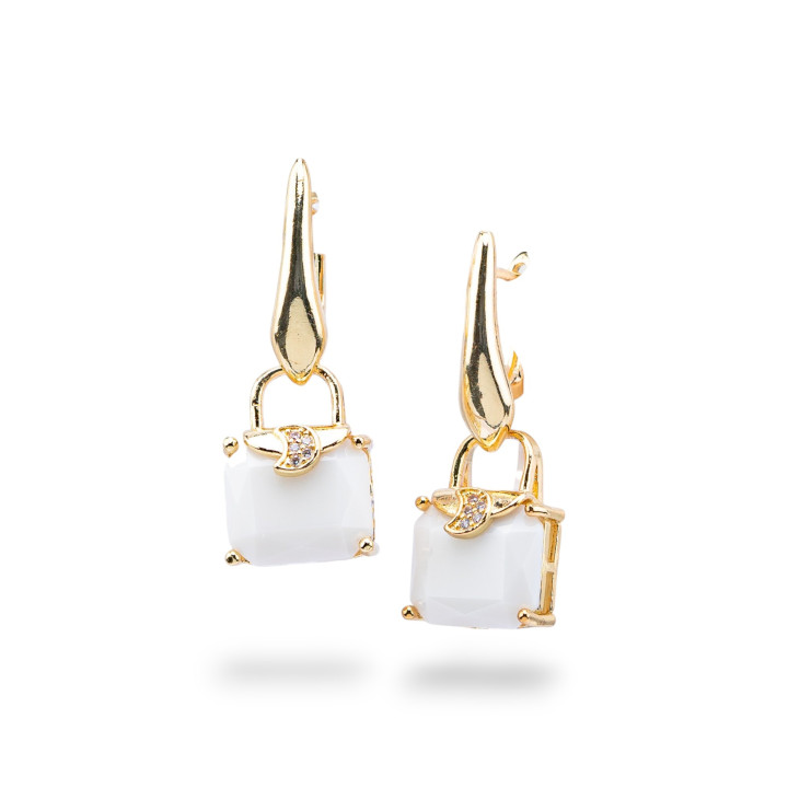 Boucles d'oreilles clous en bronze avec oeil de chat et zircons 14x37mm blanc