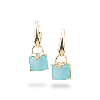 Boucles D'oreilles Puces Bronze Oeil De Chat Avec Zircons 14x37mm Bleu Ciel Pastel