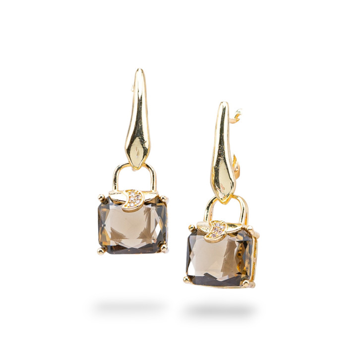 Boucles D'oreilles Tige En Bronze Avec Oeil De Chat Avec Zircons 14x37mm Fumée