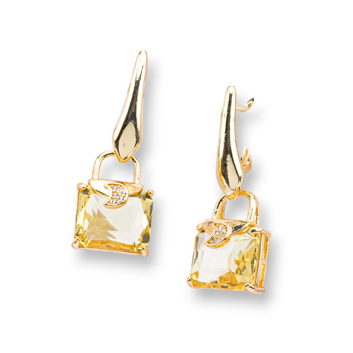 Boucles d'oreilles clous en bronze avec oeil de chat et zircons 14x37mm jaune