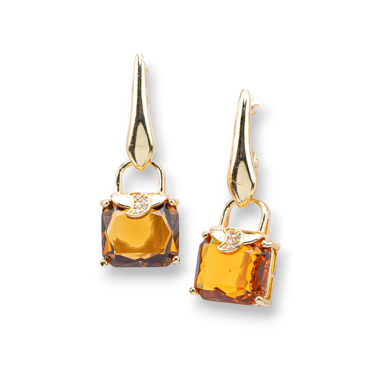 Bronze Stud Earrings With Cat's Eye With Zircons 14x37mm Caramel