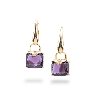 Boucles d'oreilles clous en bronze avec oeil de chat et zircons 14x37mm violet