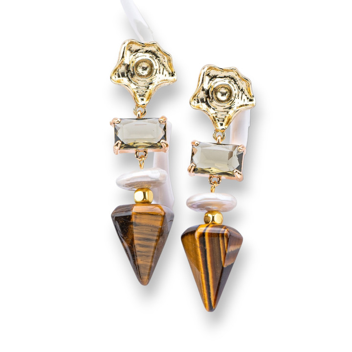 Bronze Stud Earrings With Semi-precious Stones, Crystals and River Pearls 18x62mm Smoked Tiger Eye