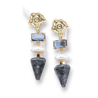 Boucles d'oreilles puces en bronze avec pierres semi-précieuses, cristaux et perles de rivière 18x62mm Larichite