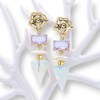 Bronze Stud Earrings With Semi-precious Stones, Crystals and River Pearls 18x62mm Opal