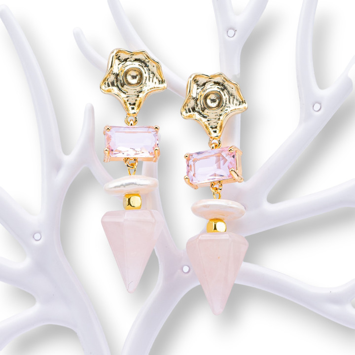 Pendientes de Bronce con Piedras Semipreciosas, Cristales y Perlas de Río 18x62mm Rosa