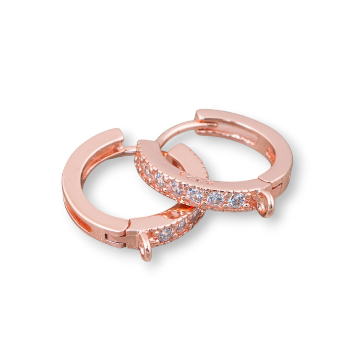 Bases For Earrings Closed Stud Of 925 Silver With Zircons Micropave' Hoop 15x2mm 2 Pairs Rose Gold White