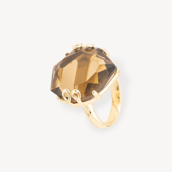 Bronze Ring With Crystals 21x23mm Adjustable Size Golden Smoke